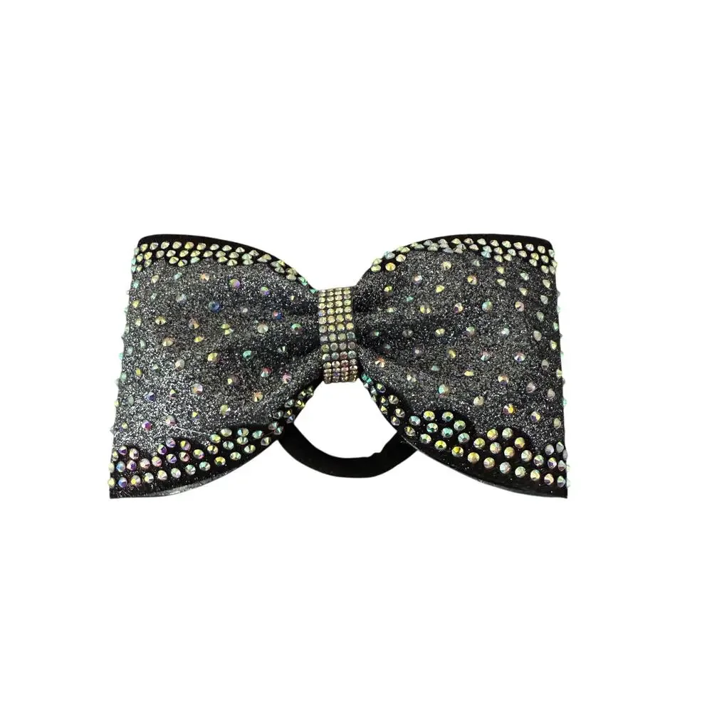 New Medium Black Glitter Cheer Bow with Rhinestones – Tailless Competition Hair